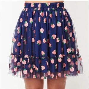 NWT UNIQUE VINTAGE SMAK parlour navy & pink glitter strawberry skirt PINUP